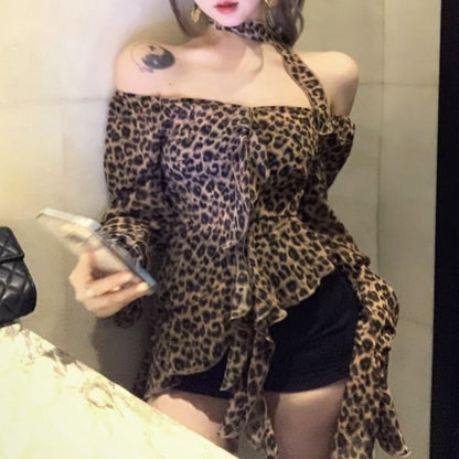 Choker-Neck Long-Sleeve Leopard Print Asymmetrical Ruffled Blouse