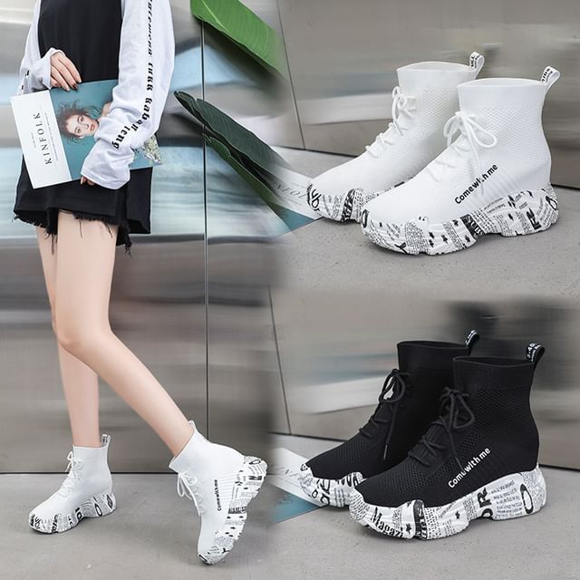 Printed Platform Lace-Up Short Boots