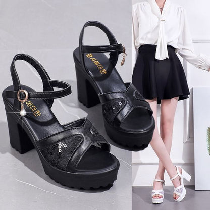 Platform Chunky Heel Sequined Sandals