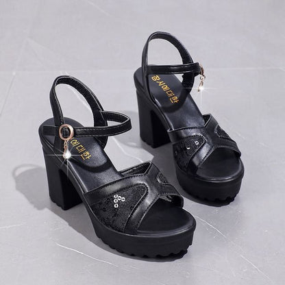 Platform Chunky Heel Sequined Sandals