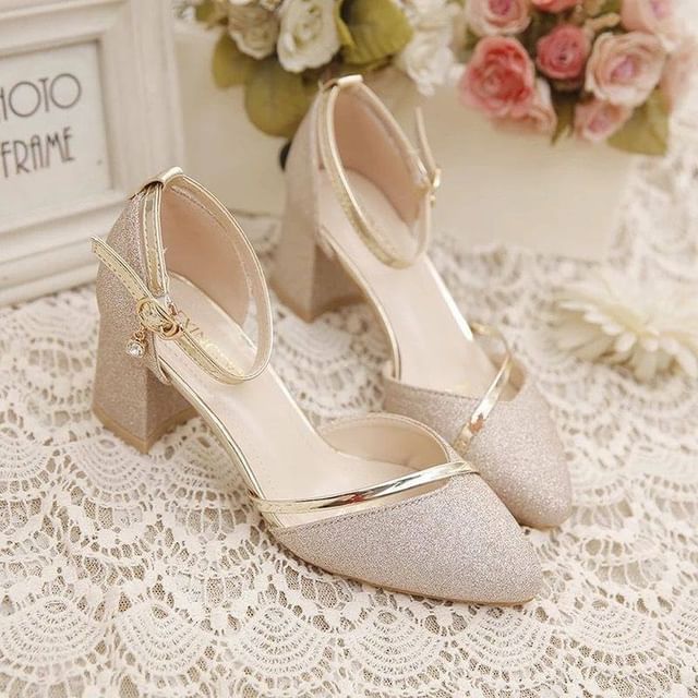 Glitter Chunky Heel Ankle Strap Pumps