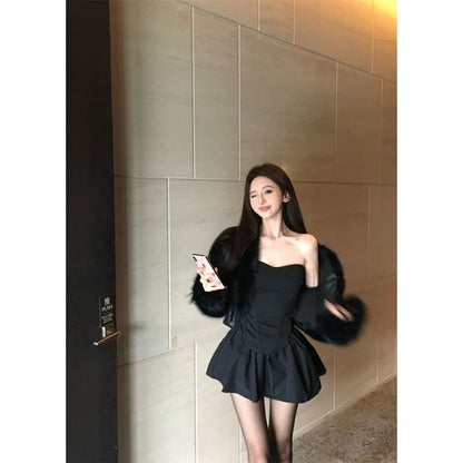 Furry Open Front Crop Jacket / Off Shoulder Tube Top / Mini A-Line Skort