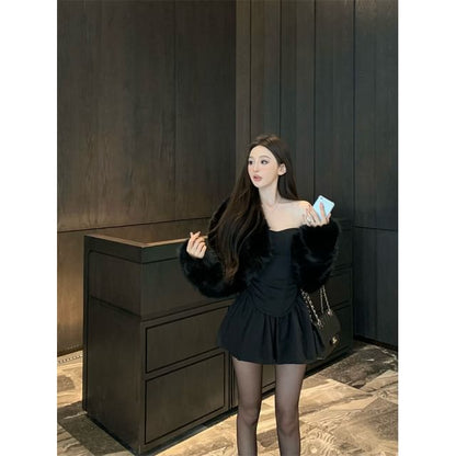 Furry Open Front Crop Jacket / Off Shoulder Tube Top / Mini A-Line Skort