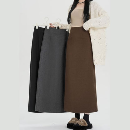 High Waist Plain Back Slit Midi A-Line Skirt