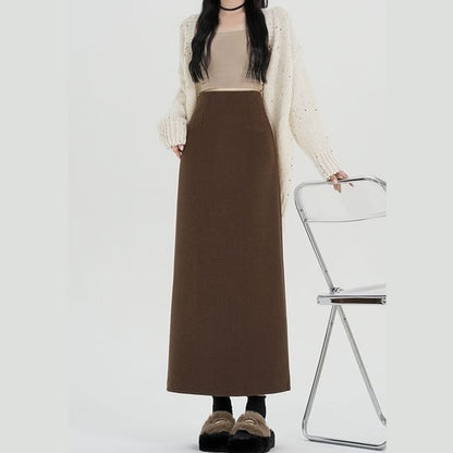 High Waist Plain Back Slit Midi A-Line Skirt