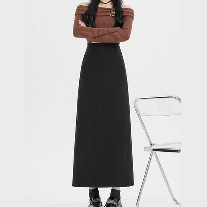 High Waist Plain Back Slit Midi A-Line Skirt