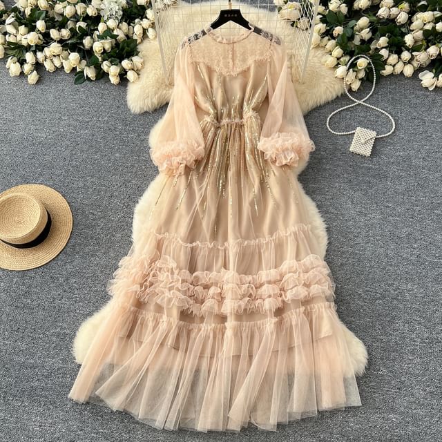 Puff Sleeve Sequin Mesh Ruffle A-Line Maxi Dress