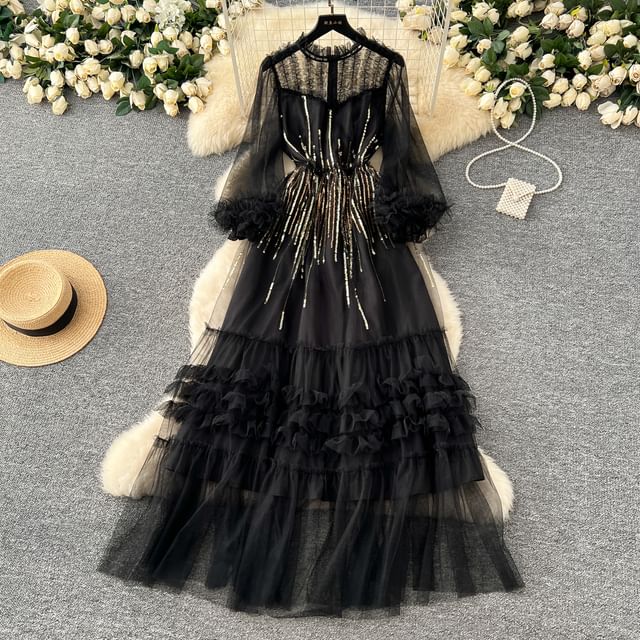 Puff Sleeve Sequin Mesh Ruffle A-Line Maxi Dress