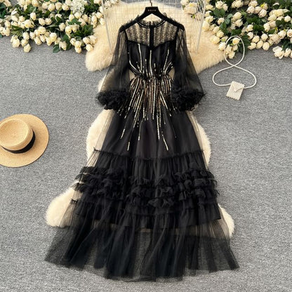 Puff Sleeve Sequin Mesh Ruffle A-Line Maxi Dress
