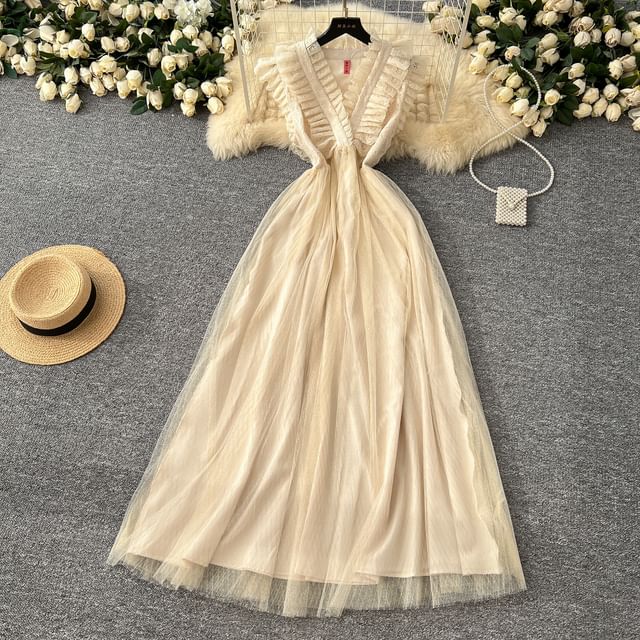 Sleeveless V-Neck Solid Ruffle Trim Sheer Floor-Length A-Line Gown