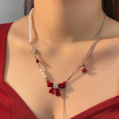 Bow Rhinestone Faux Pearl Lariat Necklace