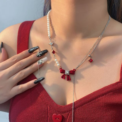 Bow Rhinestone Faux Pearl Lariat Necklace