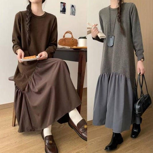Long Sleeve Crew Neck Solid Gathered Panel Knit Maxi A-Line Gown