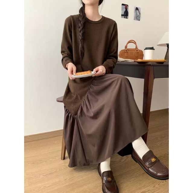 Long Sleeve Crew Neck Solid Gathered Panel Knit Maxi A-Line Gown