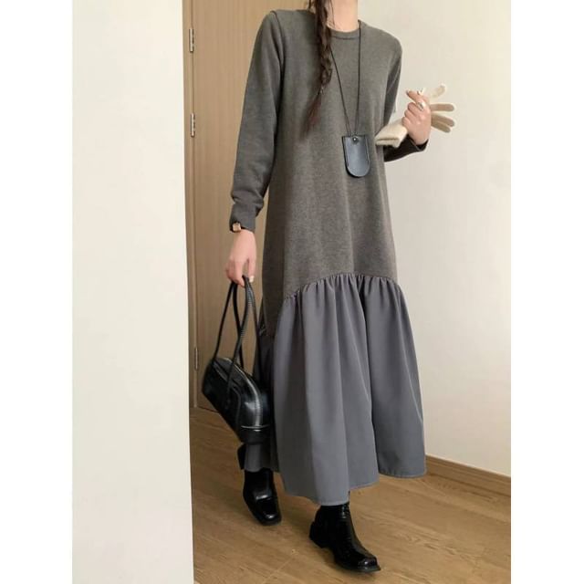 Long Sleeve Crew Neck Solid Gathered Panel Knit Maxi A-Line Gown