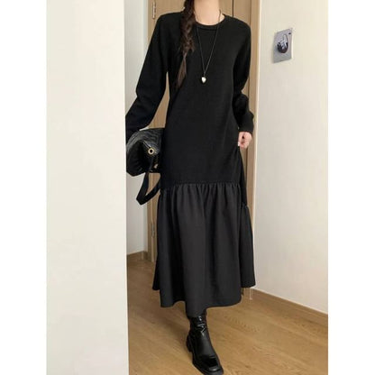 Long Sleeve Crew Neck Solid Gathered Panel Knit Maxi A-Line Gown