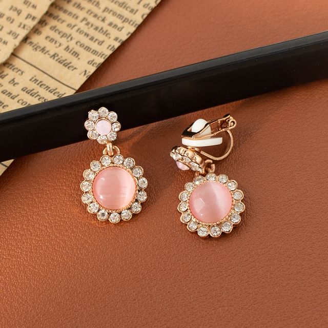 Cabochon Rhinestone Drop Earring / Clip On Earring