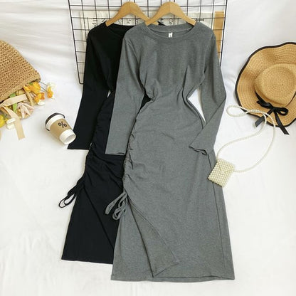 Long Sleeve Crew Neck Drawstring Slit Sheath Maxi Dress