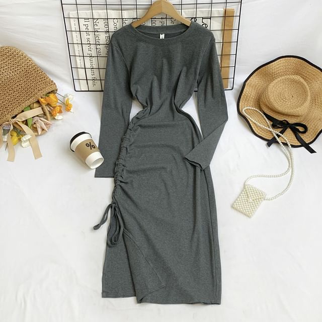 Long Sleeve Crew Neck Drawstring Slit Sheath Maxi Dress