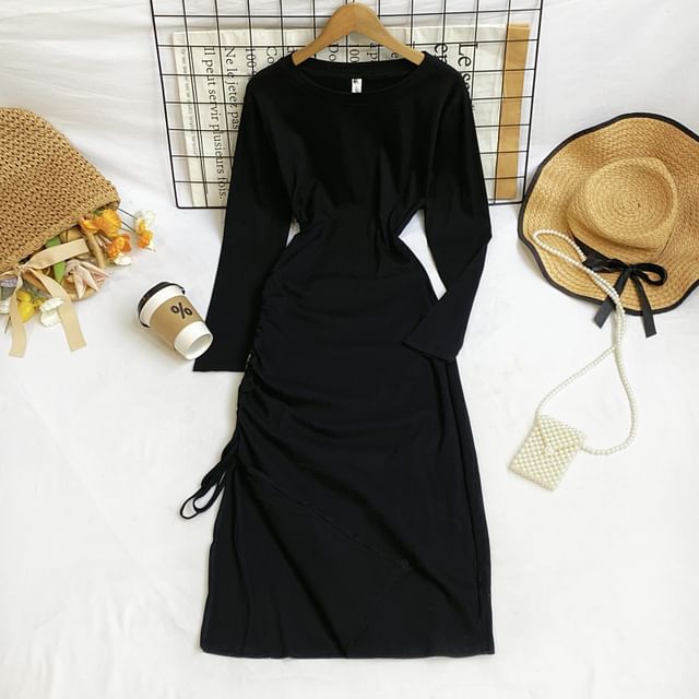 Long Sleeve Crew Neck Drawstring Slit Sheath Maxi Dress