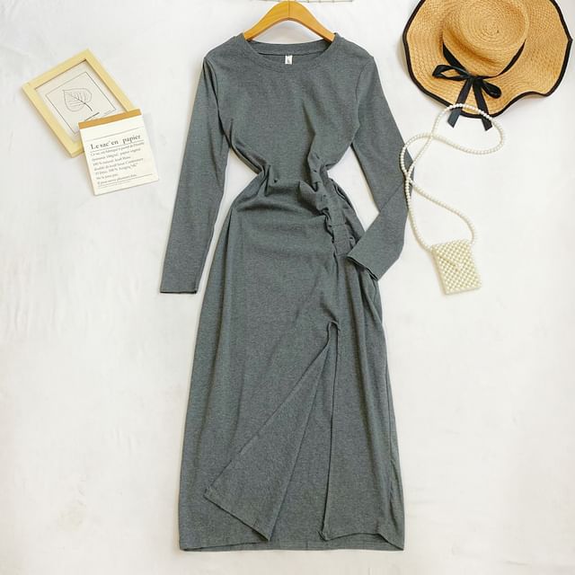 Long Sleeve Crew Neck Ruched Slit Sheath Maxi Dress