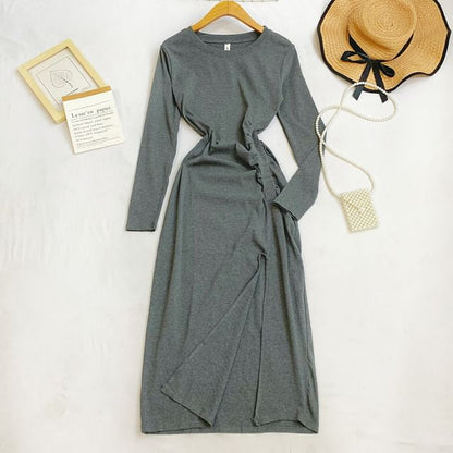 Long Sleeve Crew Neck Ruched Slit Sheath Maxi Dress