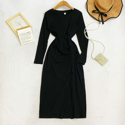 Long Sleeve Crew Neck Ruched Slit Sheath Maxi Dress