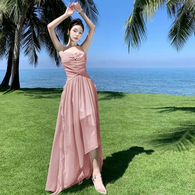 Halter Neck Cutout Ruched Open Back A-Line Maxi Dress