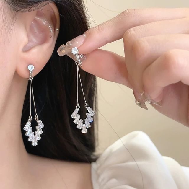 Rhinestone Geometric Drop Earring / Clip On Earring