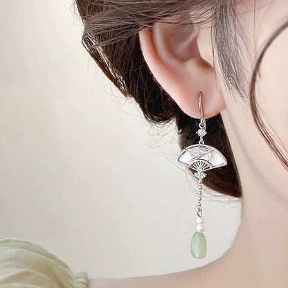 Faux Jade Fan Drop Earring / Clip On Earring