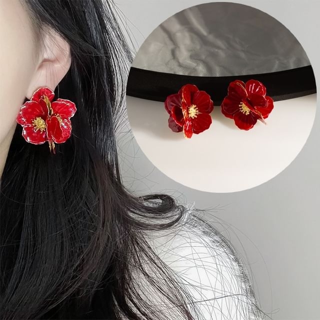 Enamel Flower Stud Earring / Clip On Earring