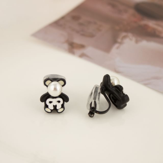 Faux Pearl Bear Stud Earring / Clip On Earring