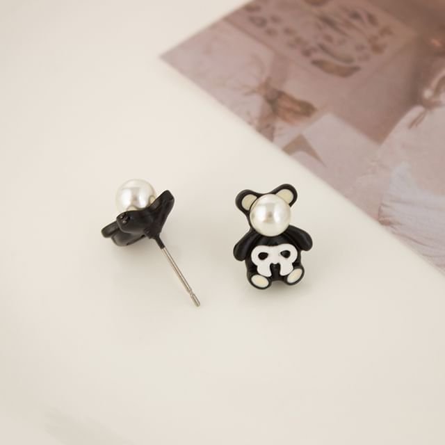 Faux Pearl Bear Stud Earring / Clip On Earring