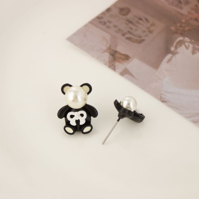 Faux Pearl Bear Stud Earring / Clip On Earring