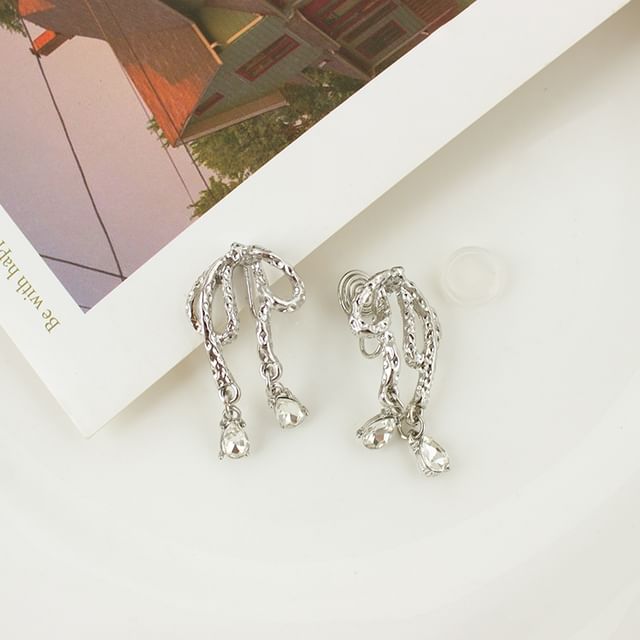 Rhinestone Bow Drop Earring / Clip On Earring