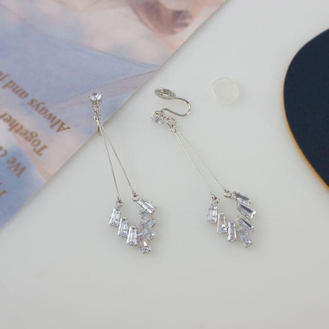 Rhinestone Geometric Drop Earring / Clip On Earring