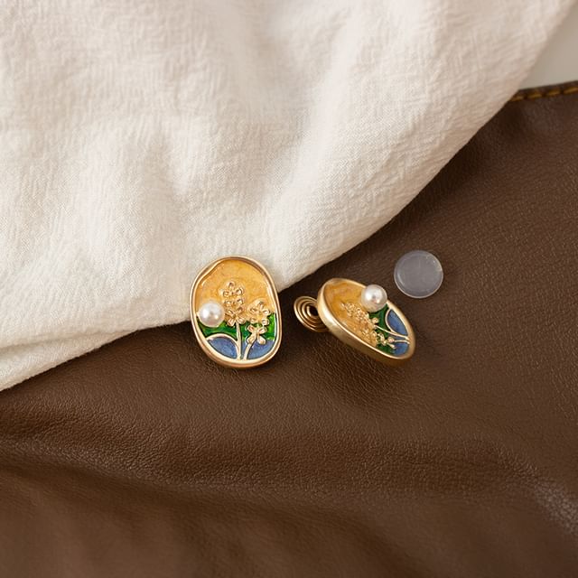 Faux Pearl Enamel Stud Earring / Clip On Earring