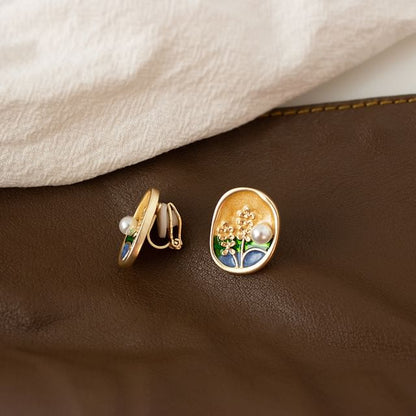 Faux Pearl Enamel Stud Earring / Clip On Earring