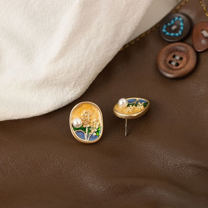 Faux Pearl Enamel Stud Earring / Clip On Earring