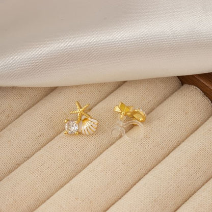 Faux Pearl Rhinestone Shell Asymmetrical Stud Earring / Clip On Earring