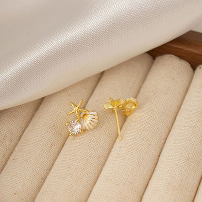 Faux Pearl Rhinestone Shell Asymmetrical Stud Earring / Clip On Earring