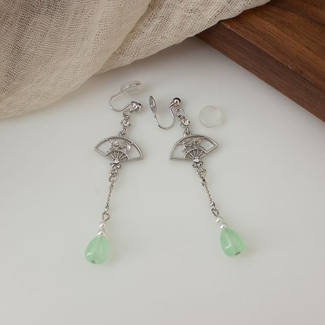 Faux Jade Fan Drop Earring / Clip On Earring