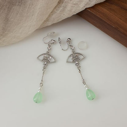 Faux Jade Fan Drop Earring / Clip On Earring