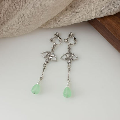 Faux Jade Fan Drop Earring / Clip On Earring