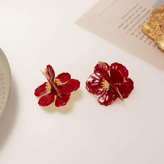 Enamel Flower Stud Earring / Clip On Earring