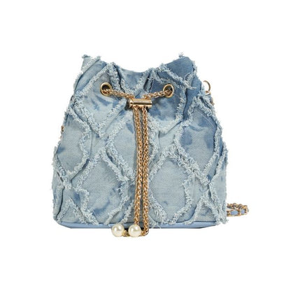 Chain Strap Frayed Drawstring Bucket Bag
