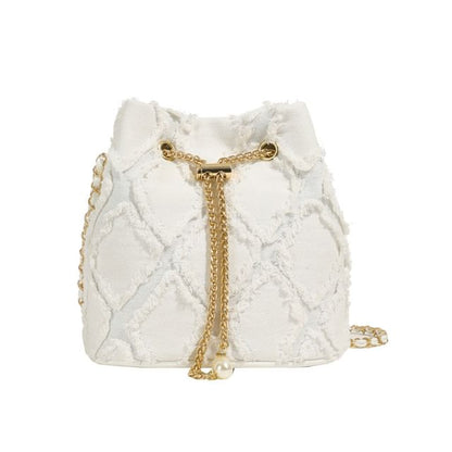 Chain Strap Frayed Drawstring Bucket Bag