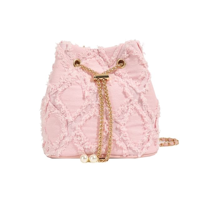 Chain Strap Frayed Drawstring Bucket Bag