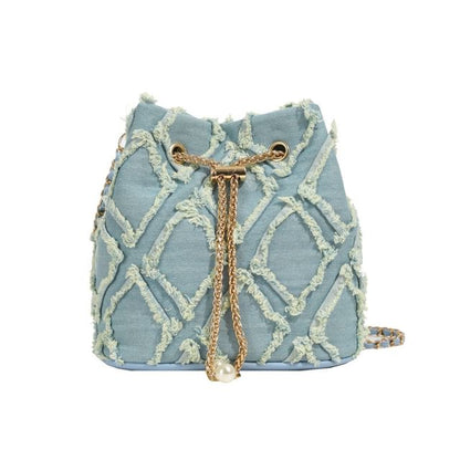 Chain Strap Frayed Drawstring Bucket Bag