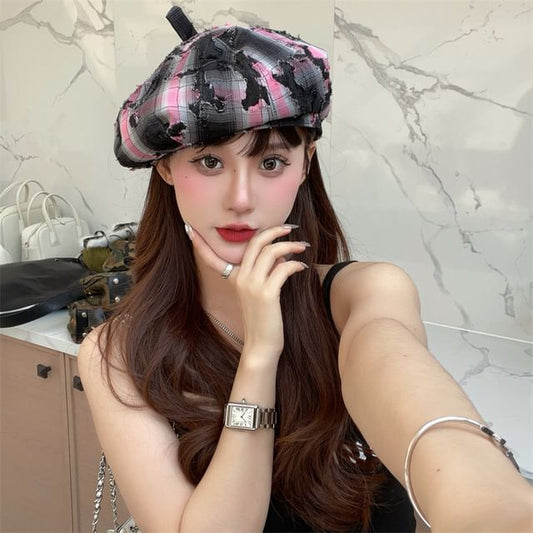Plaid Distressed Beret